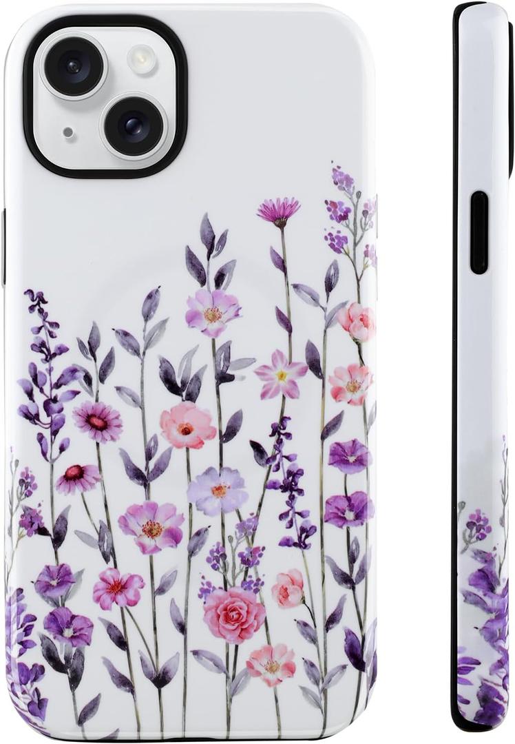 Magnetic for iPhone 14 Plus Case [Compatible with Magsafe] Colorful Floral Flower Pattern Design, Full Body 2 in 1 Shockproof Scratch Resistant Protective Cover for Women Girl (White)