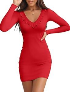 Valiamcep Women's Mini Dress Ruffle V-Neck 2024 Fashion Fall Long Sleeve Basic Ribbed Knit Slim Fitted Sexy Bodycon Pencil Dresses Red, XL