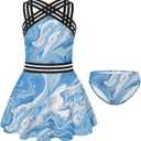 ADUKIDE 9-18T Girls Two Piece Tankini Swimsuits Teens Criss Cross Straps Bathing Suit Flowy Swimdress with Bottom (Blue)