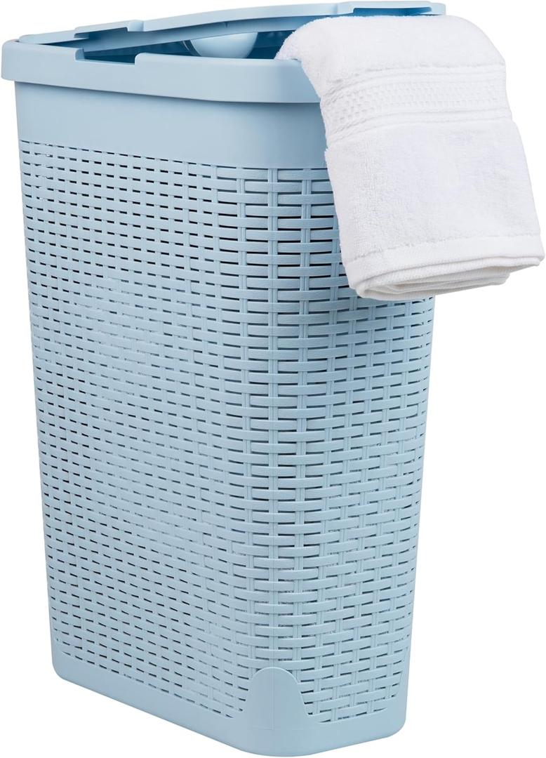 Mind Reader Slim Laundry Hamper with Lid, 40L Clothes Basket, Narrow Tapered Design with Ventilated Cutout Pattern, Plastic, Baby Blue