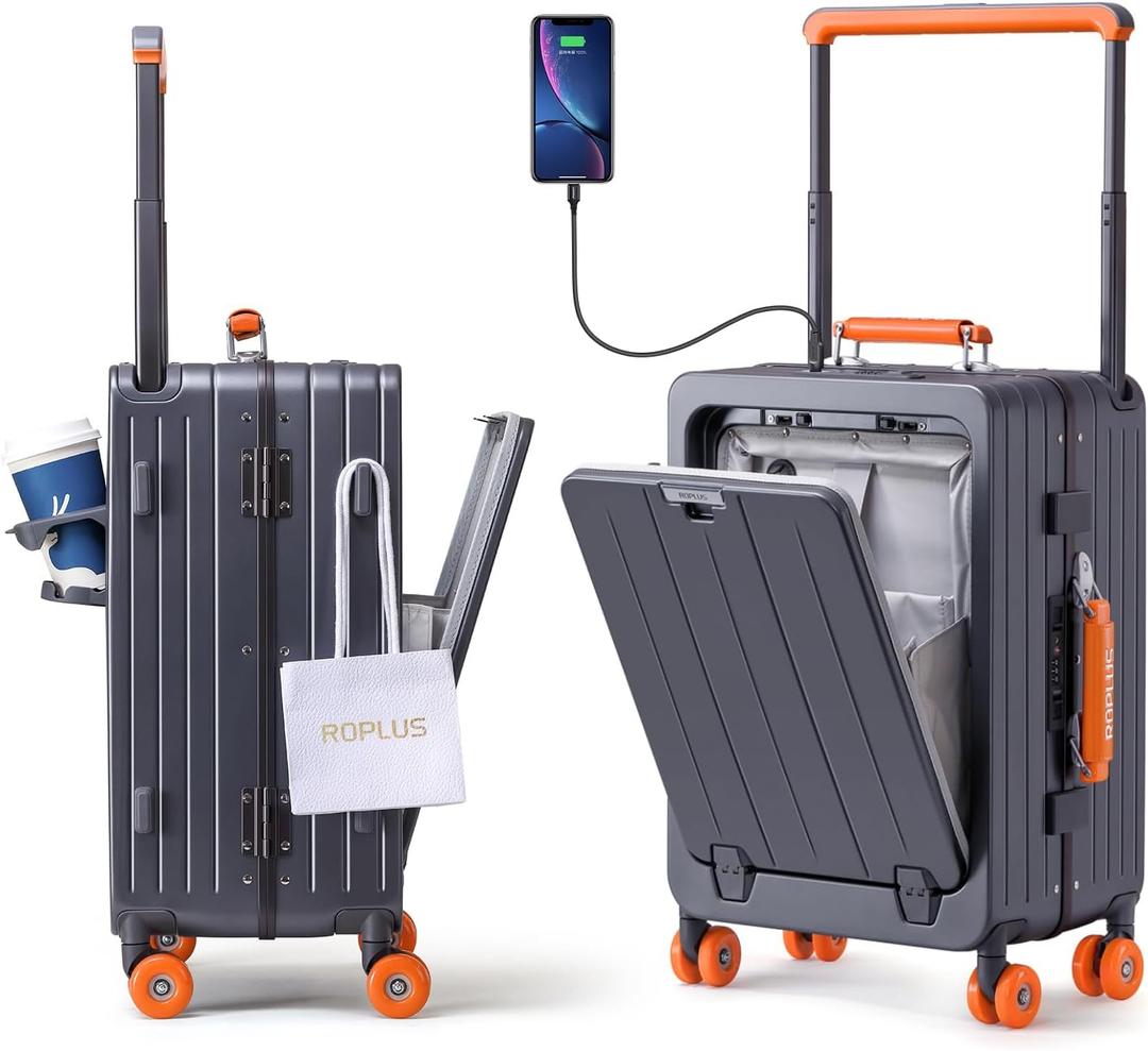 Carry On Luggage with Front Cover Compartment, Aluminium Frame Rolling Suitcase with USB Ports, Cup Holder, TSA Lock, Skate Wheels (GrayOrange, 21-Inch)