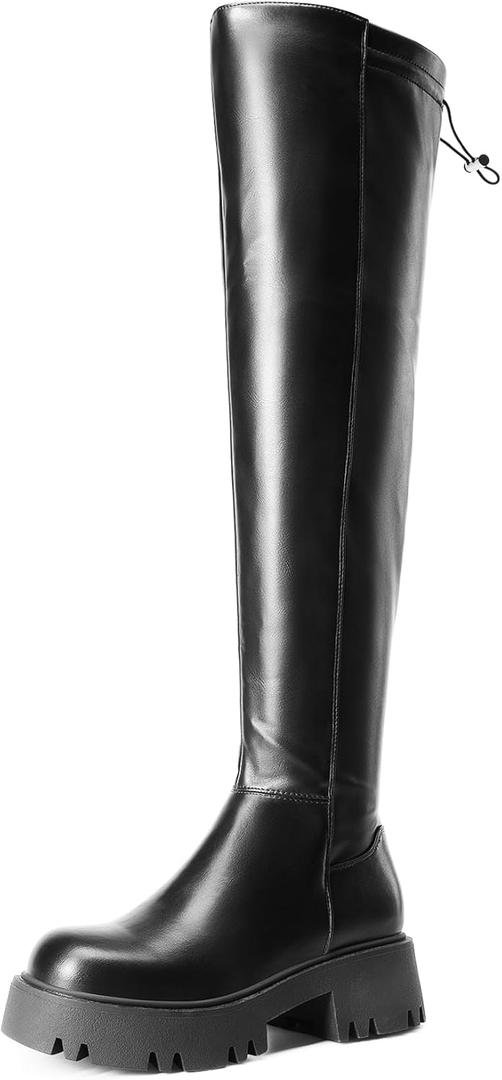 DREAM PAIRS Women's Platform Over The Knee Boots Lug Sole Round Toe Thigh High Long Chunky Block Heels Fall Boots (6, Black-pu)