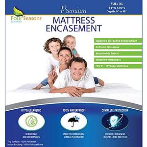 Full Extra Long (XL) Mattress Protector Zippered Waterproof Encasement Hypoallergenic Premium Quality Cover Protects Against Dust Allergies White