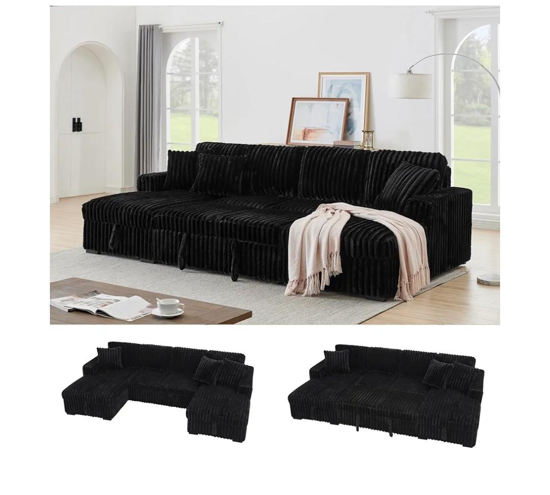 122'' Convertible U-Shaped Faux Rabbit Fur Plush Sectional Sleeper Sofa, Upholstered Cloud Couch Pull-Out Sofa Bed with Storage Chaise for Living Room (Black, 122'' x 64'')