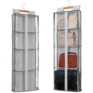 Clear Handbag Storage Organizer Dust Cover Bags-Over The Door Handbag Storage Organizer with Zippers 4 Grids Vesiable Fully Enclosed Purse Organizer for Closet (Grey)