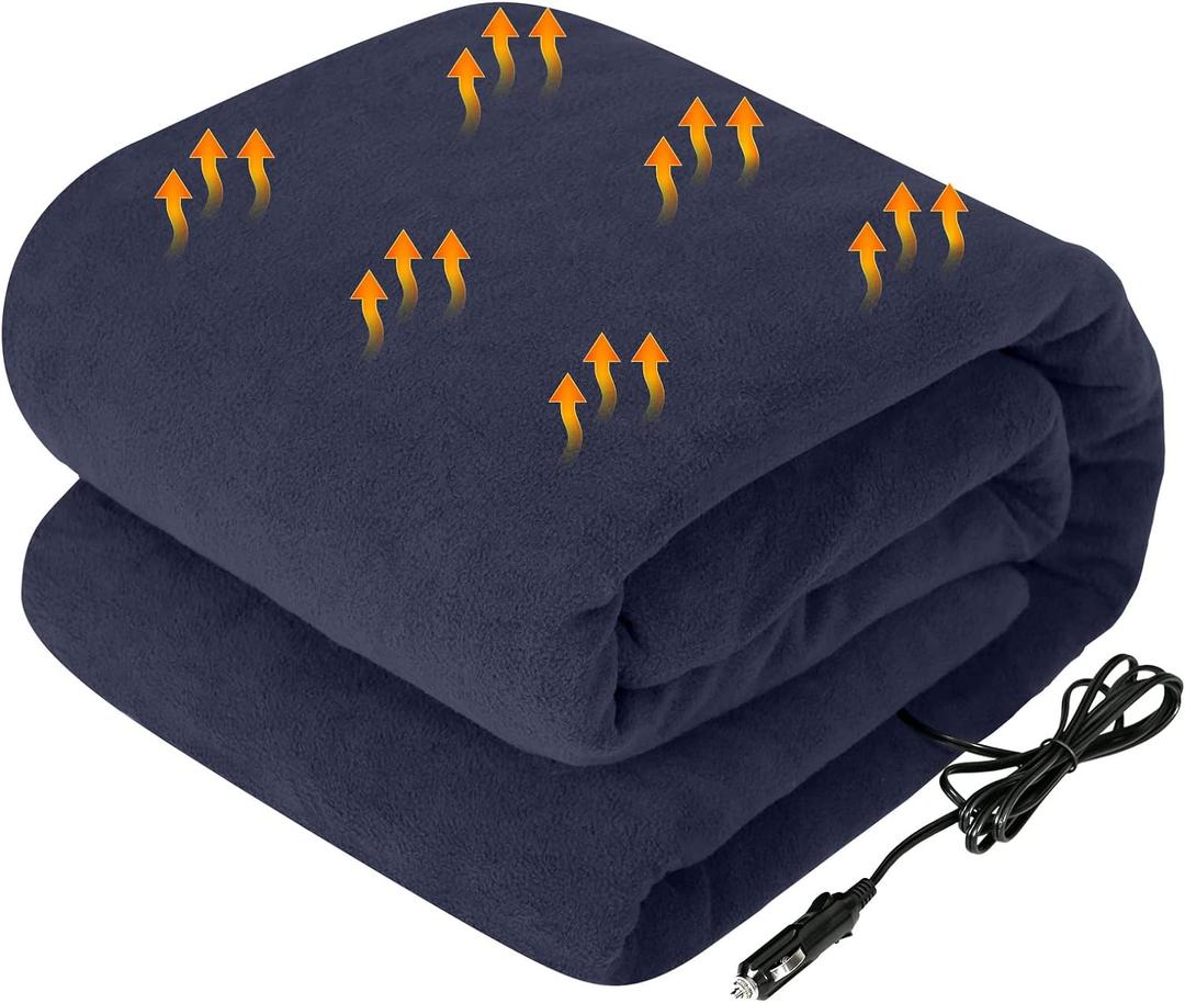 Westinghouse Heated Car Blanket with 3 Heating Levels, 4 Hours Auto Off, 12 Volt Electric Blanket for Car, Truck, SUV, RV, Portable Heated Throw for Camping, Machine Washable, 59" x 43" (Navy)