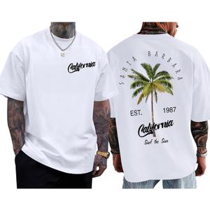 Beach Surf T Shirts for Men Graphic Tees Oversized Tshirts California T Shirt Palm Tree Printed Summer Cotton Tops Medium