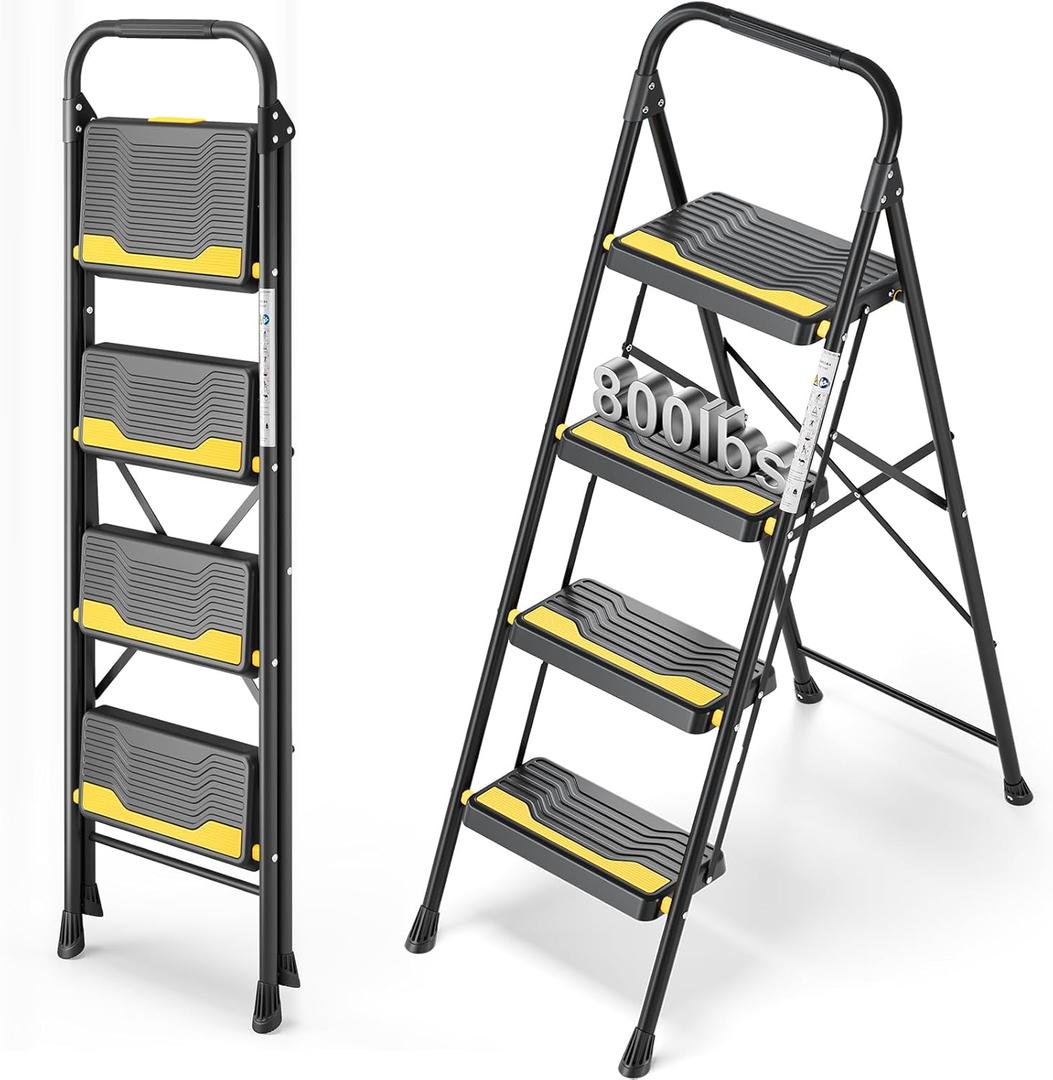 4 Step Ladder, Heavy-Duty Pass 800lb Capacity Test, Wide Anti-Slip Steps & Secure Handrail Compact, Folding Step Stool Portable Design for Home, Kitchen, Office, Pantry, Closet Use, Black
