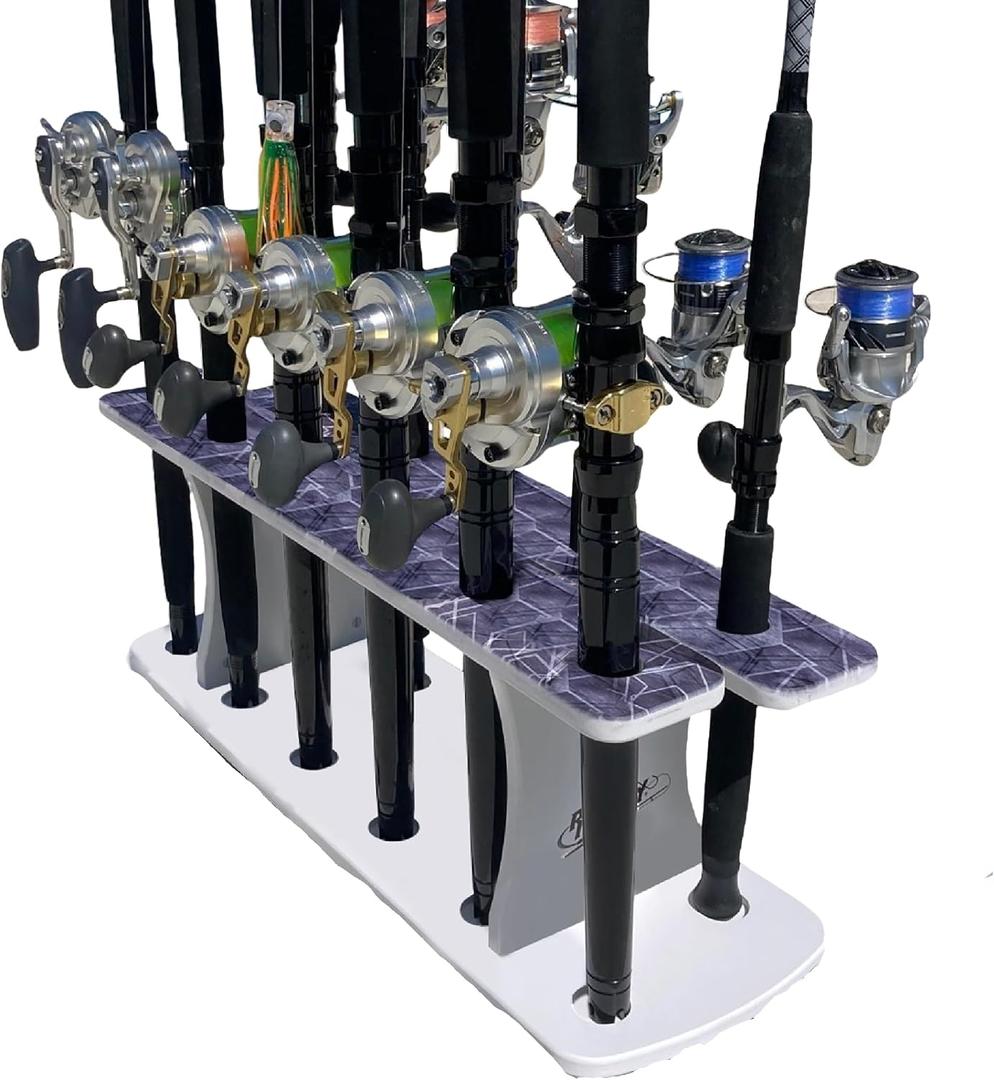 Rush Creek Creations Reel Salty Gray/White/Blue 11-Rod Marine Grade Fishing Rod Holder - Bi-Level Design, UV-Resistant, 100% Waterproof for Garage and Dock