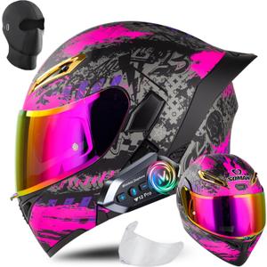 Bluetooth Modular Motorcycle Helmet, DOT Approved Flip Up Full Face Helmet with Dual Anti Fog Visors, Integrated Bluetooth Headset Noise Cancelling Speaker Mic for Adults Men Women (Pink, M)