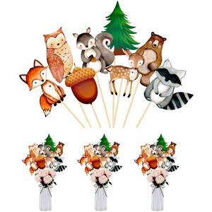 24pcs Woodland Animals Cake Topper, Baby Shower Decorations, Double-Sided Printed Forest Friends Centerpiece Sticks for Wild One Camping Party Supplies