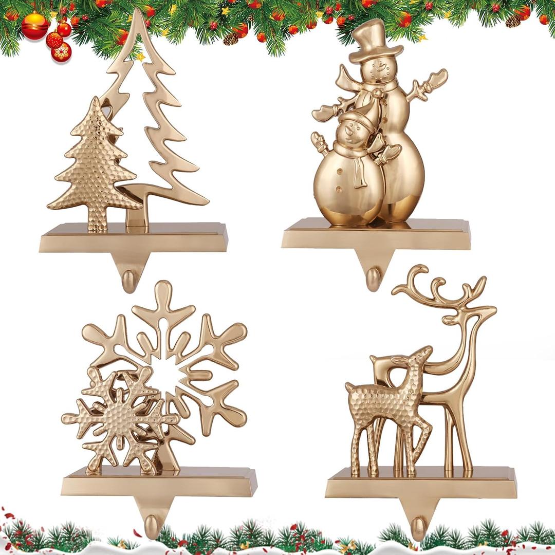 Antique Gold Christmas Stocking Holders Set of 4 - Snowflake, Snowman, Deer, Tree Designs - Heavy Duty, Fireplace & Mantle Stocking Hangers