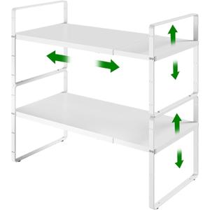 Expandable Cabinet Organizer Shelf, Adjustable Height Organizer Riser for Kitchen Cabinet Spice Rack Locker Pantry Cupboard Under Sink Countertop Desk Organization Metal Stackable Shelves (16.5"-27" L x 8" W x 9.6" H, White-2pack)