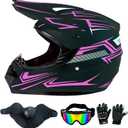 Dirt Bike Helmet Motocross ATV Motorcycle Full Face Off-Road E Bike Helmet DOT with Goggles Gloves Mask Purple Stripe L (58-59 cm)