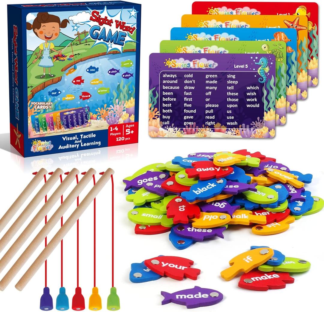 SpringFlower Wooden Magnetic Sight Word Fishing Game, Sight Word Educational Toy for Age of 3,4,5,6 Year Old Kids, Boys & Girls, Homeschool, Visual, Tactile and Auditory Learning