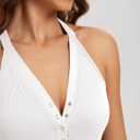 ODODOS 2-Pack Seamless Henley Tank for Women Open Back Button-up Ribbed Sleeveless Tops, White+Gray, X-Small/Small