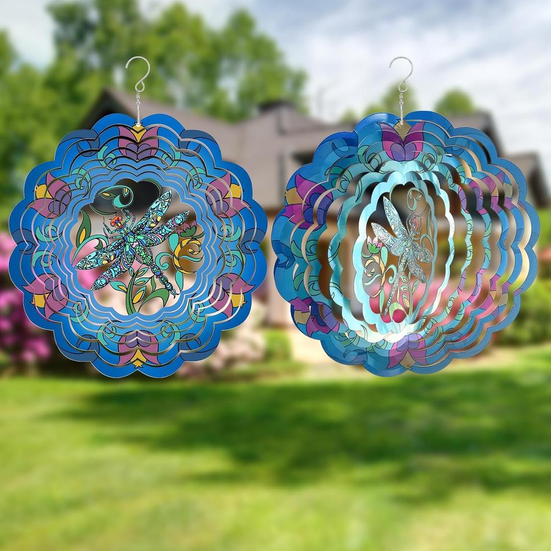 Dragonfly Metal Wind Spinners, Patio Yard Backyard Outdoor Art Outside Decorations 3D Metal Stainless Steel Decoration, 12" Wind Spinner Gifts for Women Mom Grandma Hanging Pinwheels Crafts Ornaments