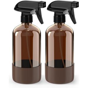 Bontip Glass Spray Bottle with Silicone Sleeve Protection, Amber Glass Spray Bottle Set for Window Cleaner Aromatherapy Facial Hydration Watering Flowers Hair Care 2 Pack/16 oz (Brown, 16 oz)