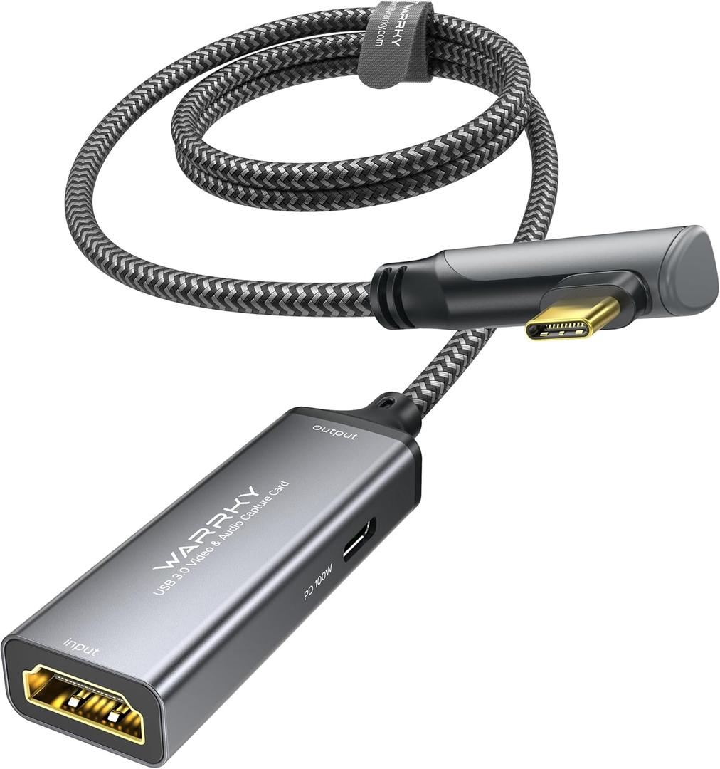 WARRKY Video Capture Card with 100W Power Delivery & Right-Angle USB-C | 1080P 60Hz HD | Streaming Capture Card Designed for Quest 3 / iPad, Compatible with Switch, PS5, PS4
