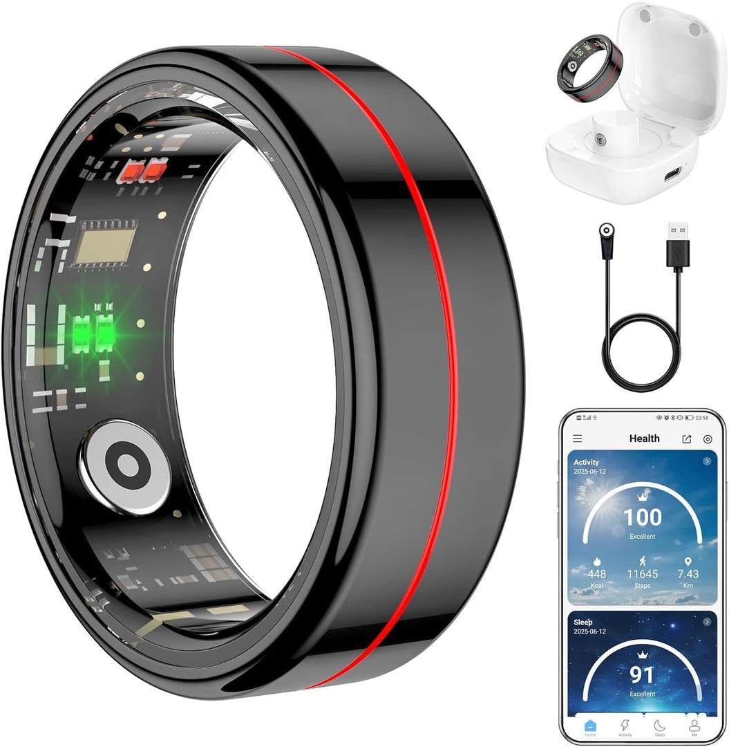 Fit Ring for Women Men, Ring Health Tracker with Heart Rate,Blood Oxygen,Heart Rate Variability, Stress, Sleep Monitor, Step Counter, Smart Ring for iPhone & Android, No Subscription Fee (Black, 7#)