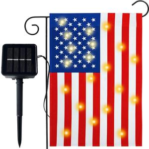 12 x 18 Double Sided American Garden Flag with Lights- Solar LED Burlap US Flag, Luminable Yard Garden Flag for Patio Lawn Outside Outdoor Decorative