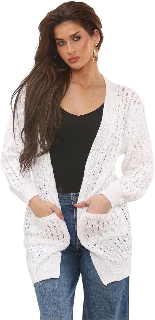 Ladies Chunky Cable Knit Cardigan Long Sleeve Open Front Sweater with Pockets Casual Oversized Knitwear Soft Acrylic Jumper Autumn Winter Spring Layering Coatigan, L