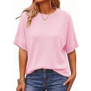Saodimallsu Womens Short Batwing Sleeve Sweaters Oversized Crew Neck Casual Basic Knit Pullover Tops Shirt (Pink)