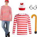 Adult Red and White Striped Cosplay Costume for Men Stripes Chirstamas Costumes Set with Glasses Hat Inflatable Cane (XXL)