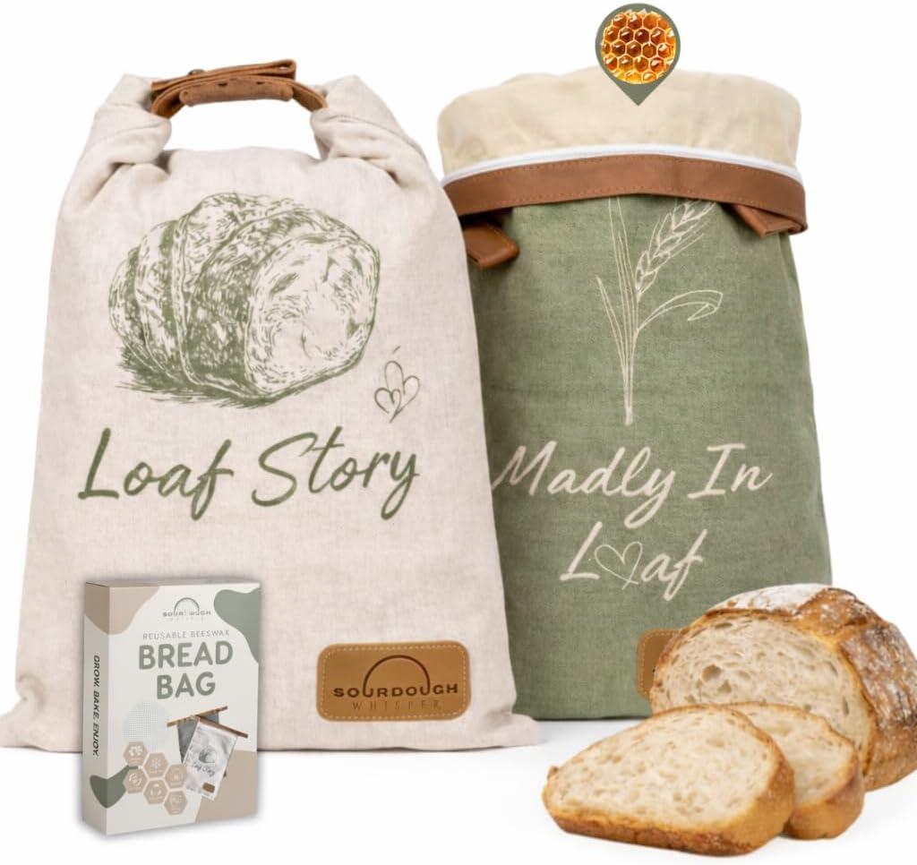 LOAF STORY Double Lock Reusable Beeswax Bread Bags Featuring NEW WIDE Comfort Zipper and Roll Top Velcro Closure, Fully Open XL Airtight Bread Storage for Freezer and Fridge, Gift for Bakers, 2 Pack