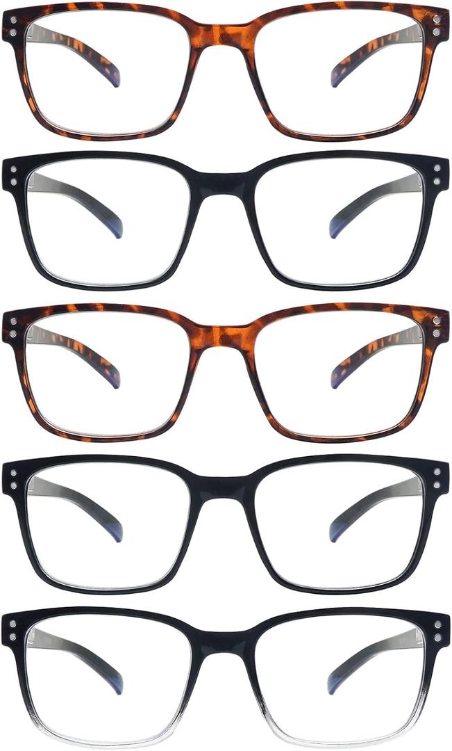 SIGVAN Blue Light Blocking Reading Glasses for Men Women Computer Spring Hinge Readers Square Frame Glasses 5 Packs (5 Mix, 3.5)