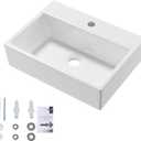Wall Mounted Bathroom Vessel Sink, QISHKA 19" X 14" Rectangular Floating Ceramic Wash Hand Basin White Wall Hung Vanity Sink for Bathroom and Cloakroom