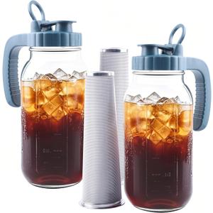 Mason Jar Pitcher With Stainless Steel Filter 64 OZ 2 Pack Wide Mouth Cold Brew Coffee Maker 2 Quart Glass water pitcher with lid Half Gallon Cold hot Tea maker For Lemonade Milk Juice Refrigerator