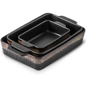 KOOV Bakeware Set, Ceramic Baking Dish, Rectangular Baking Pans Set, Casserole Dish for Cooking, Cake Dinner, Kitchen 9 x 13 Inches, 3-Piece, Stripe Series (Rough Black)