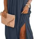 FARORO Sleeveless Long Dress for Women Boho Halter Maxi Sundress Casual Loose Dresses Split Cover Up Gown with Pockets (XX-Large, Navy)