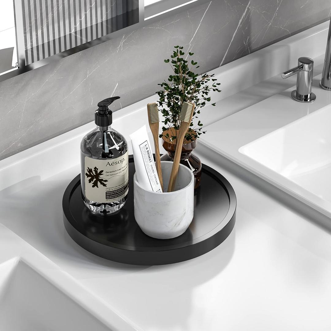 Turntable Vanity Tray 9 Inch for Perfume Candle, Bamboo Kitchen Sink Countertop Organizer for Keep Glass, Sponge and Soap Bathroom Countertop Organizer Black