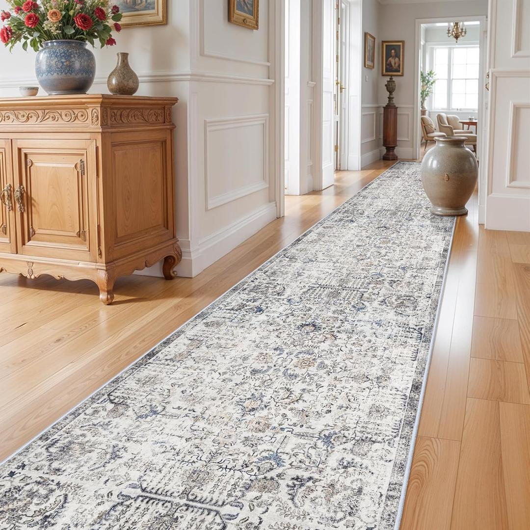 RUUGME Washable Runner Rugs 3x16 - Vintage Kitchen Runner Rug Stain Resistant Rugs for Living Room Bedroom Laundry Room Mat Distressed Hallway Floor Carpet (3'x16', Grey/Brown/Blue)
