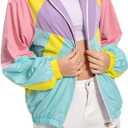 80s Windbreaker Jacket for Women, Retro Color Block Casual Coat Neon Long Sleeve Outerwear (L)