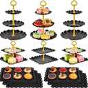 12-Pack Dessert Table Display Set, 6 Cupcake Stands and 6 Dessert Trays, Plastic Dessert Display Stands and Cake Stand, Treat Table Displays Set for Wedding, Baby Shower, Tea Party (Black)