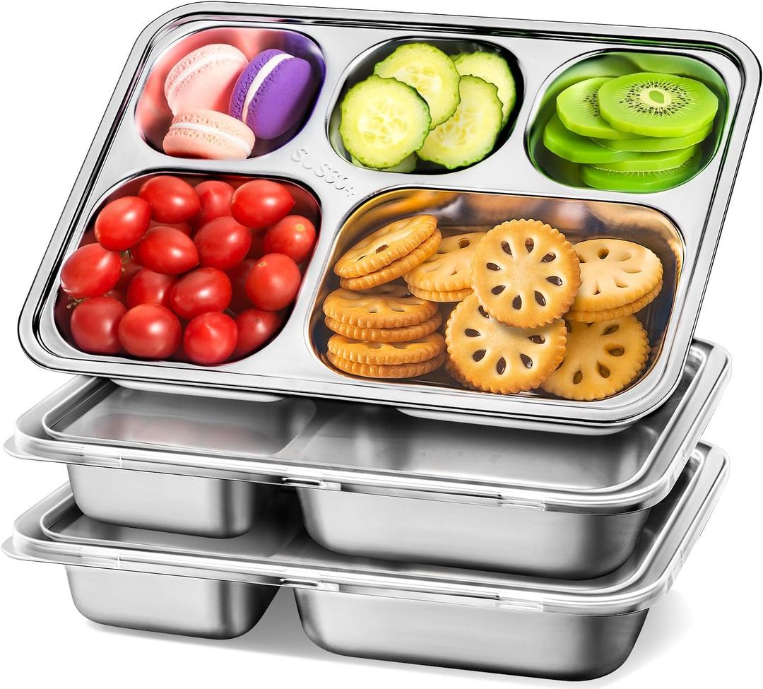 Stainless Steel Snack Containers with Lids - 3 Pack - 5 Compartments Bento Snack Boxes - Reusable Meal Prep Lunch Containers for Kids Adults - Divided Food Storage Container for School Home Travel