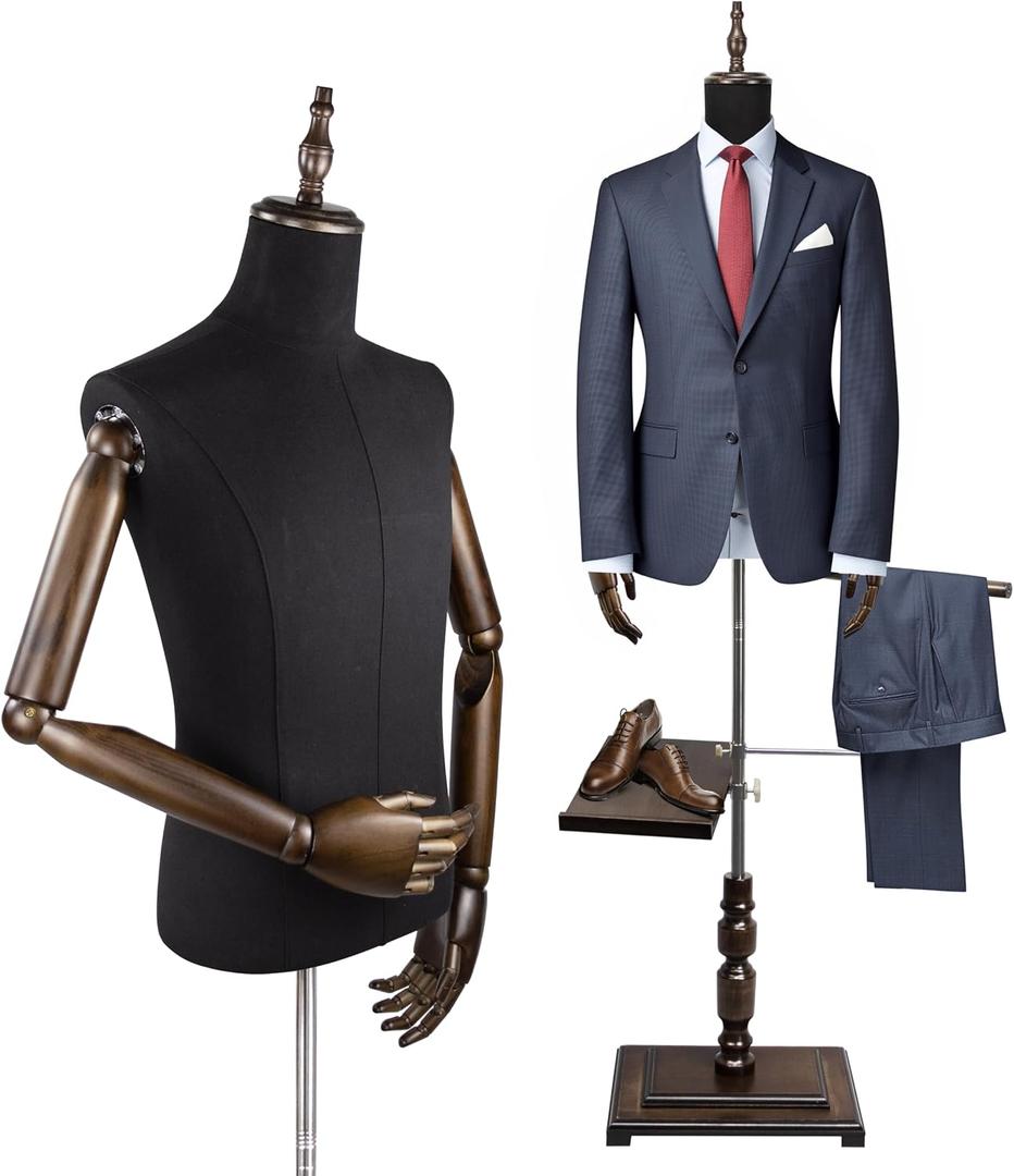 Male Dress Form Torso Male Mannequin Full Body | Height Adjustable 61"~78",Solid Wood Hands with Stand,Detachable Shoe Holder Pants Rack,for Clothing Retail Sewing Shop