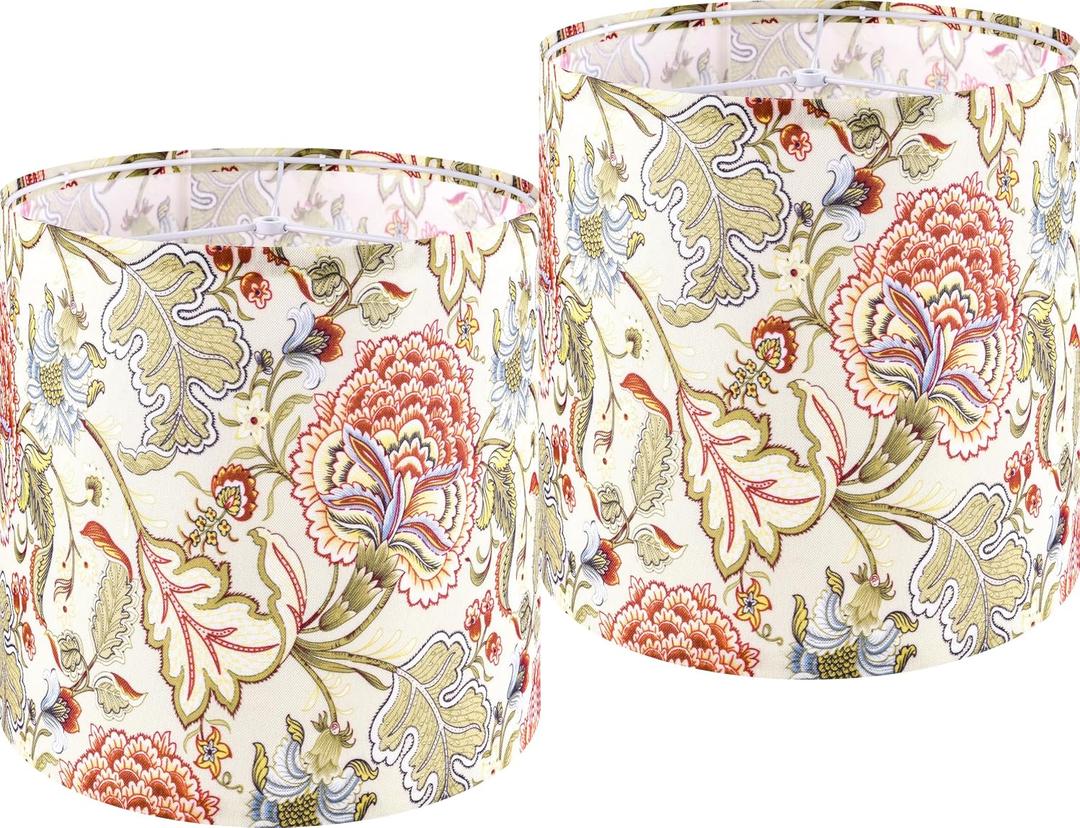 GO&SO Set of 2 Small Tall Lamp Shades, 10" Top X 10" Bottom X 10" High Drum Lamp Shade Printing Flowers Plants -Lampshades for Floor Lamps,Table Lamp, Modern Lamp Shade Replacement, Assembly Required