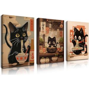 Framed Funny Black Cat Canvas Wall Art Set of 3, Vintage Japanese Cat Eating Ramen Wall Decor, Cute Animal Poster Prints, Edo Period Paintings Pictures for Living Room Kitchen Dining Room 16x24 inch