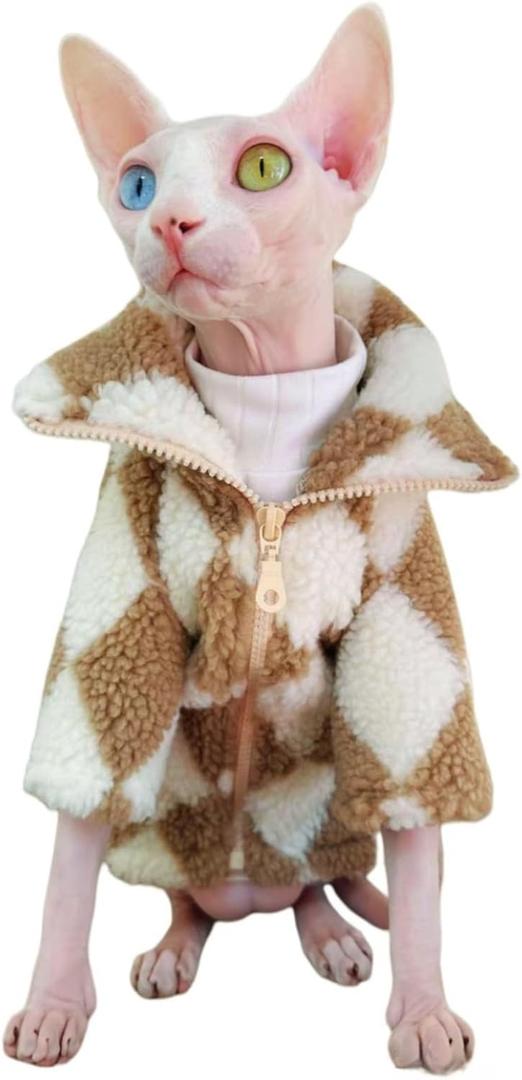 Turtleneck Sphynx Cat Winter Clothes, Double-Sided Fleece Jacket with Zipper, Sweater for Sphynx Cat Winter Warm Outfit Coat for Hairless Cats and Small Dogs Apparel with Sleeves (Diamond, Medium)