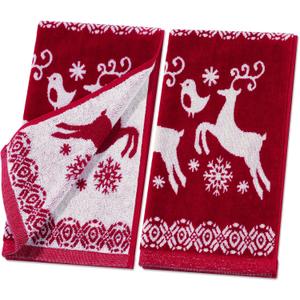 Shemilly 2pcs Christmas Hand Towels Red Elk Snowflake Jacquard Hand Towel for Bath 100% Cotton Thick Soft Bathroom Kitchen Decorative Set for Xmas Winter Holiday Decor Gift, 16 x 27 Inch