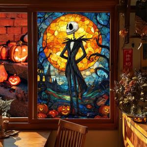 HOMETITUTE Halloween Window Film 31x47 Inch Skeleton Figure Windows Film Stained Glass Style Window Decoration Pumpkin Moonlight Windows Cling for Glass Door Panel Haunted House Party Home Decor