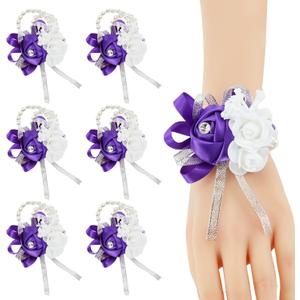Purple Wrist Corsage for Prom Wedding Party, Set of 6, Rose Wrist Hand Flower for Bridal Bridesmaid, Prom Corsages Wrist Bride Groom Mother, Corsage Wristlet for Ceremony, Homecoming Corsage