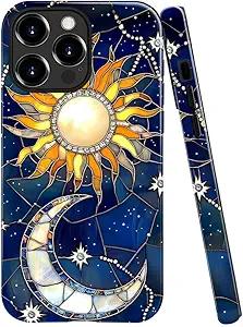 DAIZAG Case Compatible with iPhone 15 Pro Max,Glossy Durable Shock Protection Cover for Girl Women,Stained Glass Blue Stars Moon