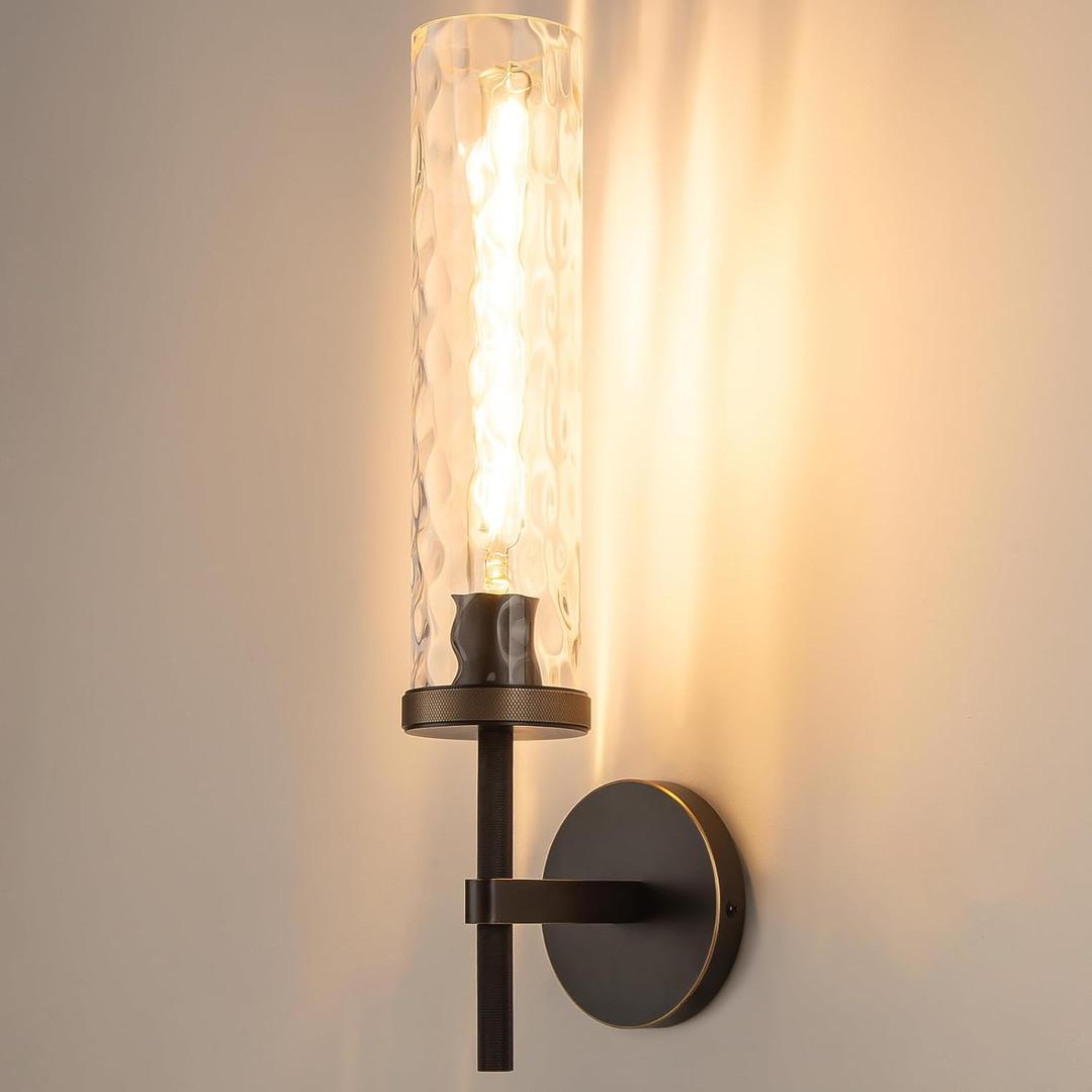 19.5" Knurled Brass Wall Sconce with Water Ripples Glass Tube, Black Gold Bathroom Vanity Light Fixtures, Modern Lamp Lighting for Bedroom, Living Room, Hallway, Staircase, Mirror, Kitchen