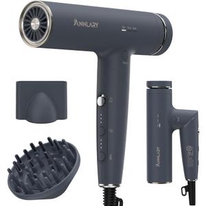 Hair Dryer, Blow Dryer with Diffuser for Curly Hair | Plasma Ionic Hairdryer for Frizz Control | Low Noise | Foldable for Travel | 6.5Ft ALCI Cord | Magnetic Nozzle for Faster Drying (Gray)