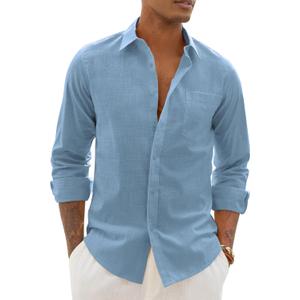 Alimens & Gentle Linen Shirts for Men Long Sleeve Casual Cotton Button Down Shirts Summer Beach Wedding Tops with Pocket Grey Blue Medium